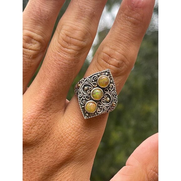 Vintage Fire Opal 18k Gold and Sterling Silver Ring - Size 9.5 - Picture 6 of 7